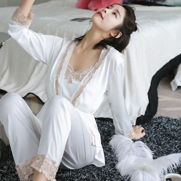 

autumn pajamas for women lace satin silk pajamas set female home clothes long sleeve casual 3 pieces sleepwear pyjamas, Black;red