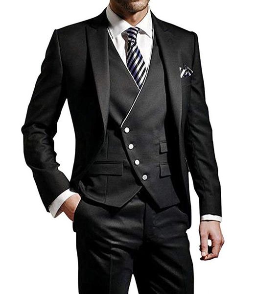 Bonito padrinhos pico lapela noivo smoking preto vestido de casamento dos homens jaqueta blazer formatura jantar terno de três peças (jaqueta + calças + colete)