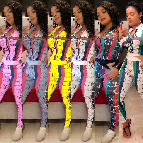 

5 color women brand sportswear striped print two piece set long sleeve jacket pants designer fall winter clothing fashion jogger suit, White