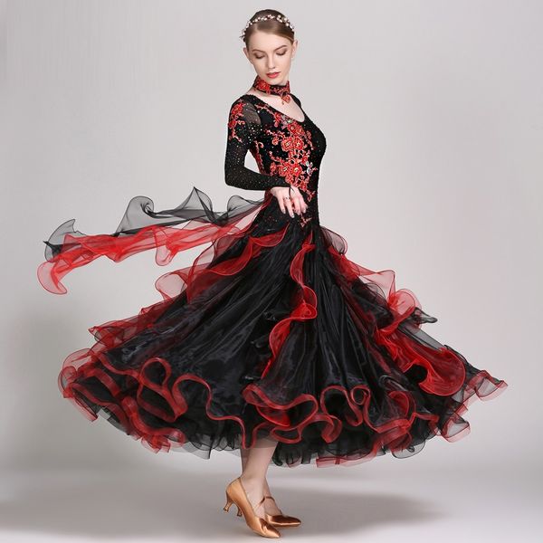 

stage wear standard ballroom dancing clothes dance competition dresses tango costumes foxtrot dress waltz rumba, Black;red