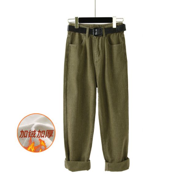 

yamdi women trouser female vintage high waist thick velvet pants korean woman loose jeans pants solid green denim capris 2020, Blue