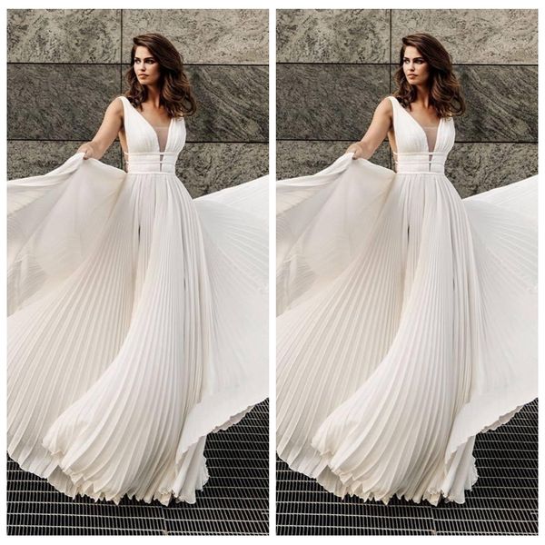 

глубокий v-образный вырез с v-образным вырезом а-силуэта свадебные платья 2019 плиссированное длинное свадебное платье с длинными рукавами д, White