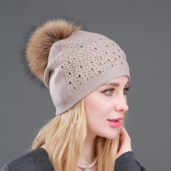 

women's cashmere beanie hat with raccoon pompom winter warm knitted rhinestone slouchy beanies for femme pompom ball skullies, Blue;gray