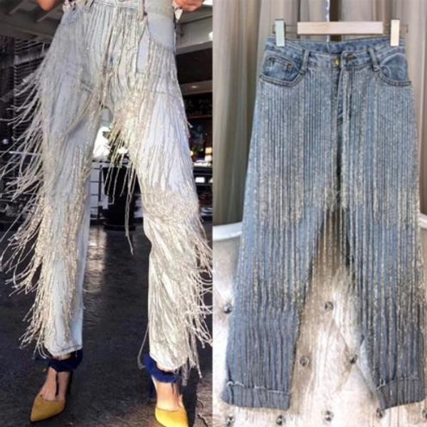

autumn fashion handmade beading diamonds tassel jeans women denim pants, Blue