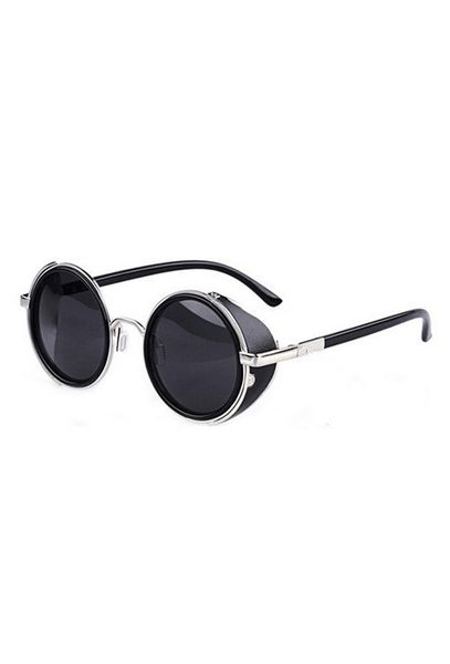 

80's vintage style classic round steampunk sunglasses-black with silver edge