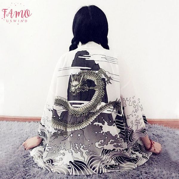 

2020 vintage japanese women cardigan floral summer dragon waves printed chiffon sun protection japanese kimono shirt outerwear, White