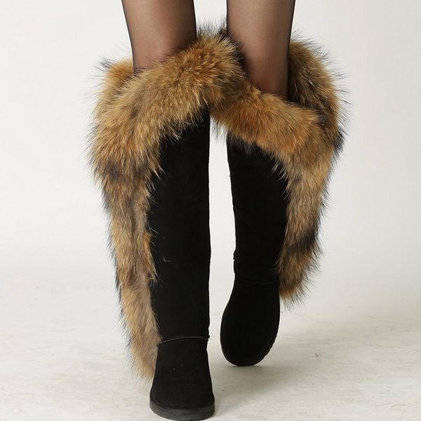 

natural fox fur cow suede leather over the knee long winter boots for women snow boots warm shoes black
