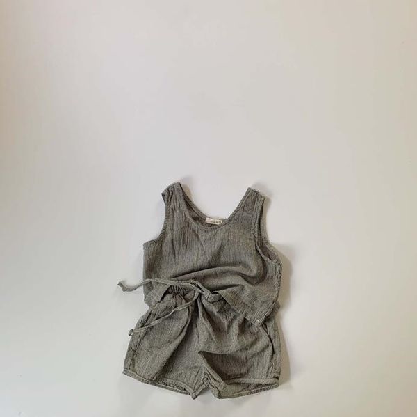 

2020 summer kids girls boys 2pcs sets korean linen kids vest&shorts clothings sets, White