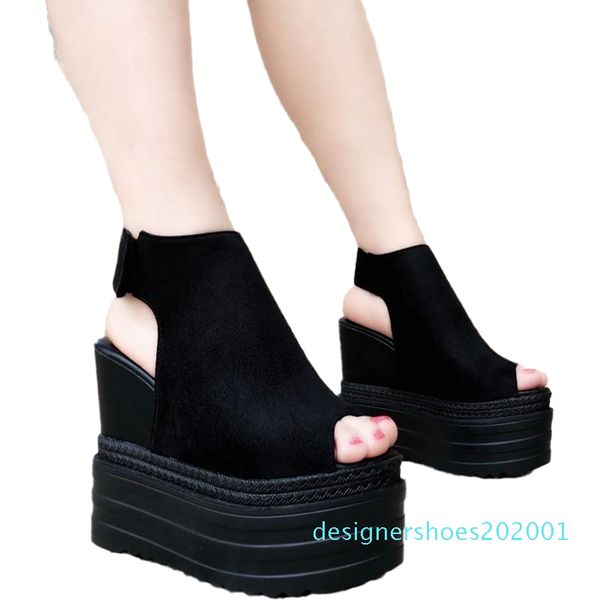 

2020 summer new korean fish mouth women shoes in the wedge with increased female sandals muffins bottom thick roman shoes 13cm d01, Black