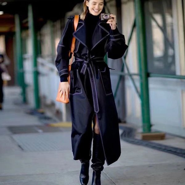 

europe and the united states high-quality catwalk street trend with a waist and color line long trench coat, Tan;black