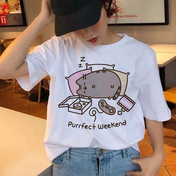 

90s graphic korean tshirt fashion tees femalepusheen cat t shirts women harajuku funny cartoon kawaii t-shirt ullzang cute, White