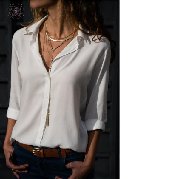 

длинные рукава женщины глубокий v кнопка шифона дамы офис рубашки воротник сыпучие повседневный плюс размер отложным tops камиза feminina, White