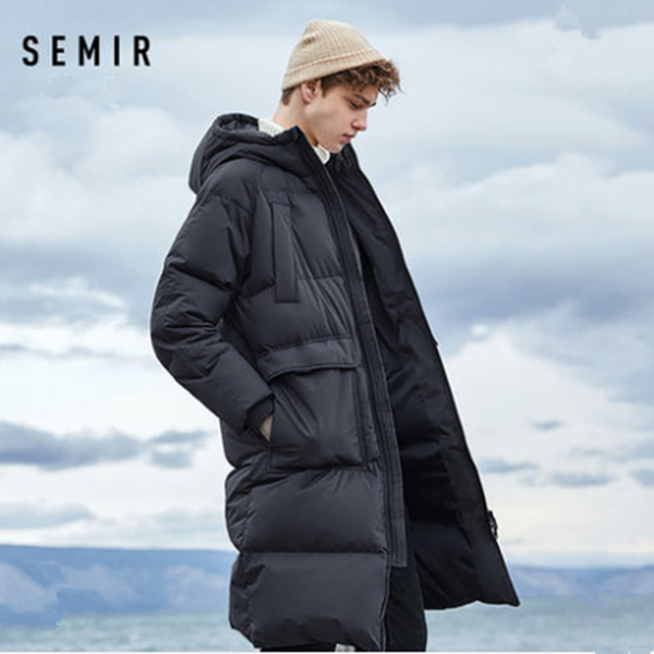 

semir mens winter down jacket business long thick winter coat men solid fashion outerwear warm long coat man, Black