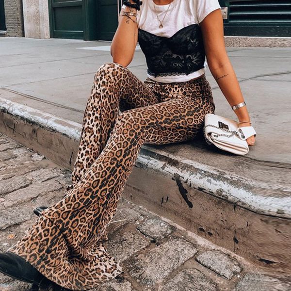 Pantaloni lunghi svasati con stampa leopardata calda 2020 per le donne Pantaloni aderenti sexy vintage alla moda Pantaloni da strada a vita alta anni '90