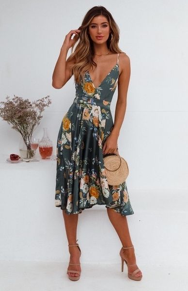 

new women summer bohemian deep v dresses evening party ladies flower and vacation printed empire beach dresses, Black;gray