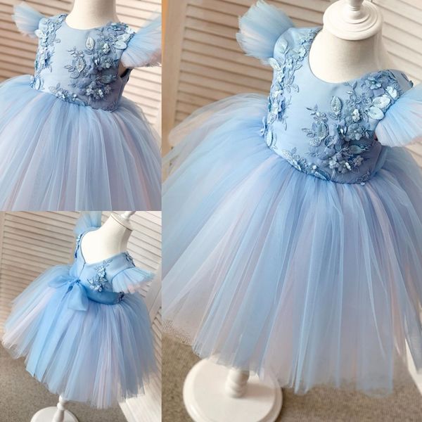 Luz do Céu Azul Appliqued Vestidos Flower Girl para uma linha frisada Wedding Pageant Vestidos Tulle tornozelo comprimento Primeira Comunhão Vestido