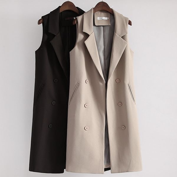 

lady pocket coat sleeveless vests jacket autumn new long double breasted cardigan vest female loose thin sleeveless vest jacket, Black;white