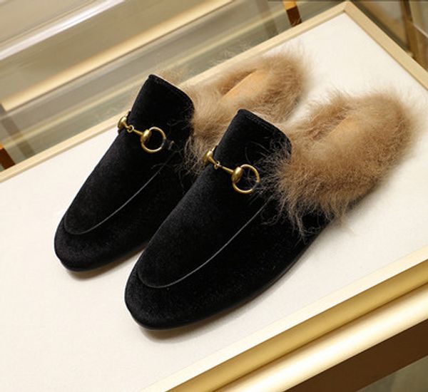 

designer mens womens fur slippers luxury leather fur slipper velvet princetown loafers flats with horsebit large size many styles c09, Black