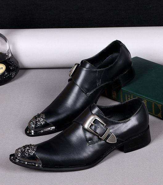 

iron pointed toe man dress real leather fashion oxfords shoes 2018 male buckles spring men oxfords shoes sapatos, Black