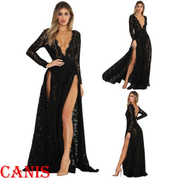 

autumn women formal deep v neck long evening party ball prom gown wedding part lace dress christmas dress vestidos, Black;gray