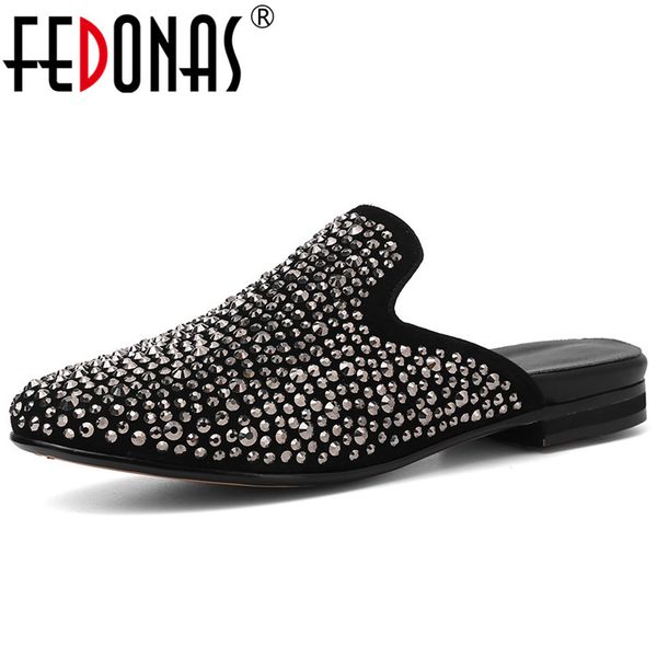 

fedonas 2019 summer new round toe shallow slip on women pumps classic mules crystal decoration sandals party casual shoes woman, Black