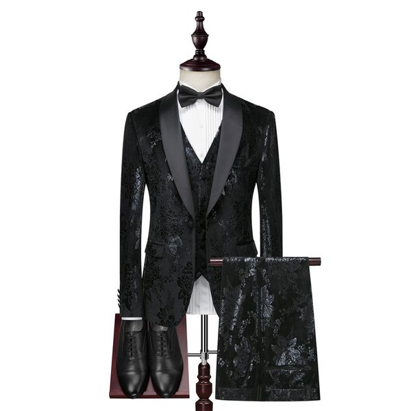 

men's suit men's new velvet pattern slim casual suit three-piece jacket + pants + vest wedding groom groomsmen formal dress, White;black