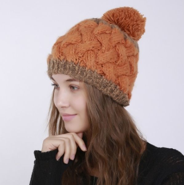 

autumn winter new two-color stitching wool hat women's solid color handmade large yarn ball knit warm beret wholesal, Blue;gray