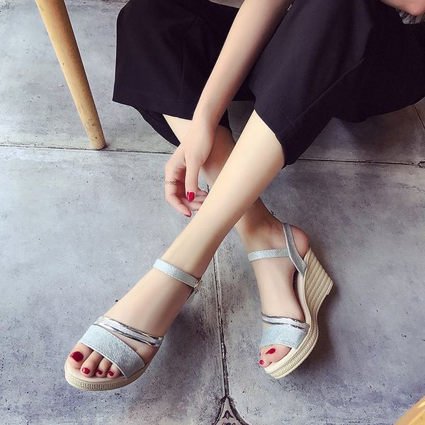 

slanted heel peep-toe sandals women's summer 2019 new style korean-style versatile a- line buckle waterproof platform thick bott, Black
