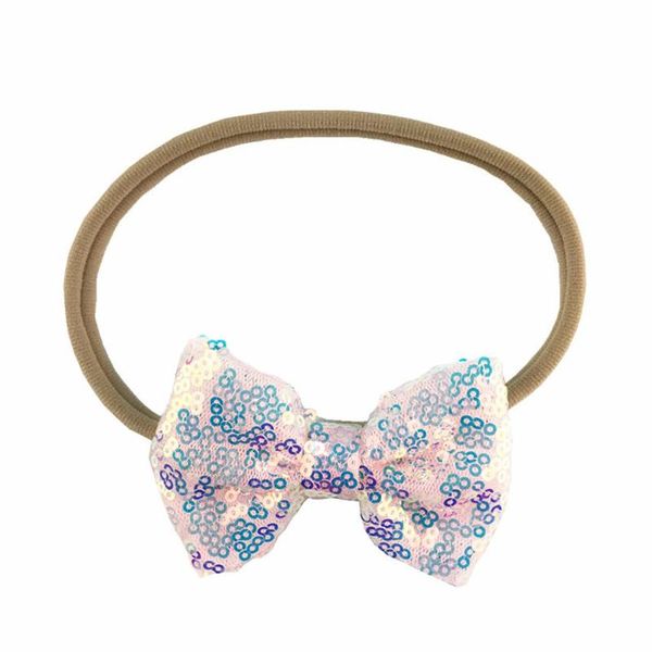 

10pcs/lot nylon elastic headband with 3'' superb sequin bow shiny bling bow hairband kids headdress, Slivery;white