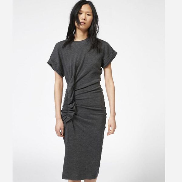 

2019 new women dark grey dress cotton short sleeve slim irregular midi dress, Black;gray