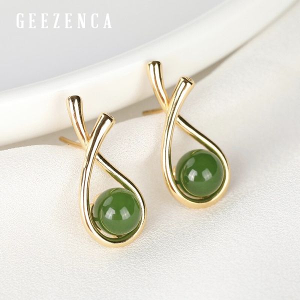 

925 sterling silver gold plated hetian jasper stud earrings fine jewelry women minimalism korean design trendy earring party, Golden;silver