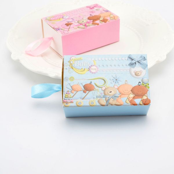 

50pcs pink blue creative cartoon candy box with ribbon full moon baby baptism party gift box party birthday supplies decoration