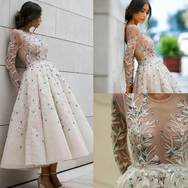

see through short prom dresses tea length embroidery beaded long sleeve evening gowns party dress vestidos longo, Black
