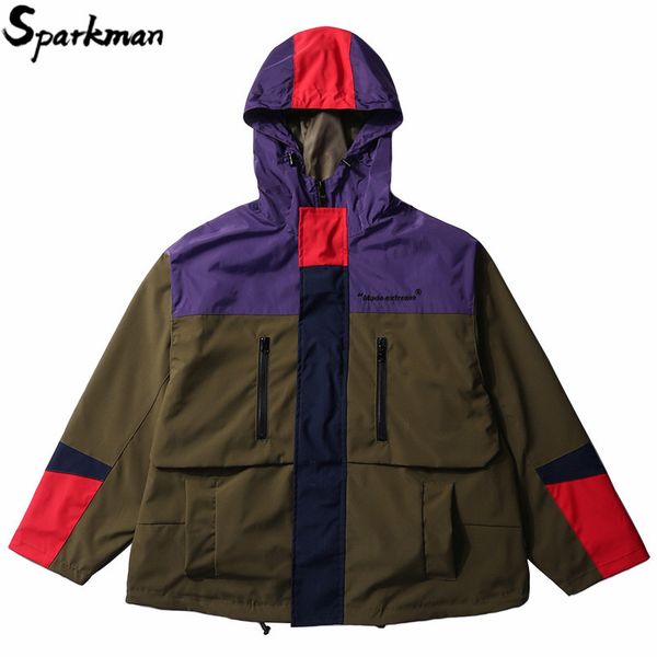 

hip hop streetwear hooded jacket oversized 2019 spring mens harajuku jacket windbreaker color block patchowork track coat, Black;brown