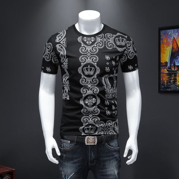 

2020 new spring and summer high-quality mercerized cotton printed men's short-sleeved t-shirt personalized round neck small shirt tide, White;black