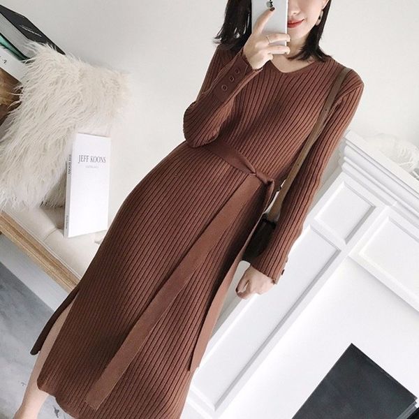 

women's sweaters fall / winter 2021 long sweater dress over the knee little fragrance sleeve bottoming slim knit, White;black