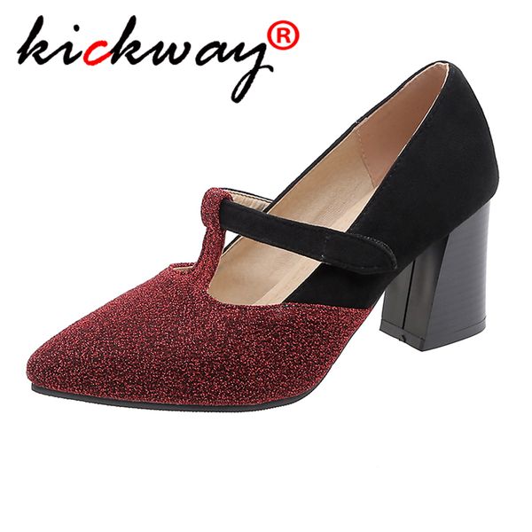 

ladies shoes pointed toe fashion party high heel shoes for women and ladies glitter bling t strap pumps red square heels size 48, Black