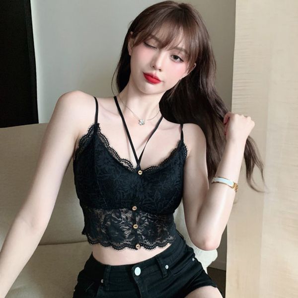 

women dreses2020 summer new fashion cutout lace halter bottoming off-waist short camisole womens fashion, Black;white