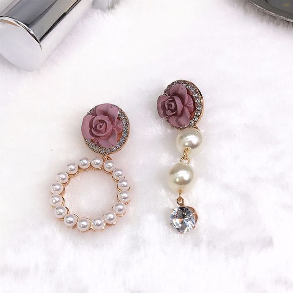 

1 pair crystal dangle circle rhinestone temperament smooth alloy pendant women earrings flower asymmetrical simulated pearl, Silver