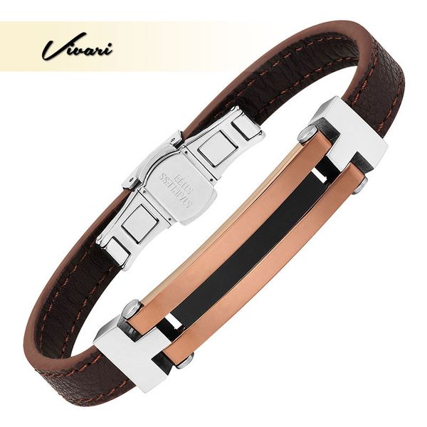 

vivari new men's fashion geniune leather bracelet with brown stainless steel center piece and buckle, Golden;silver