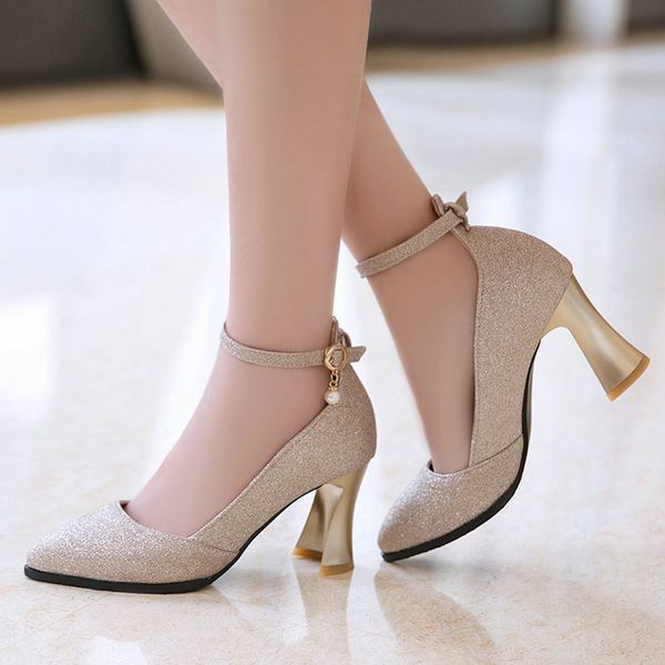 

fashion bling women high heel shoes strange style pointed toe women pumps buckle shallow ladies shoes big size 43, Black