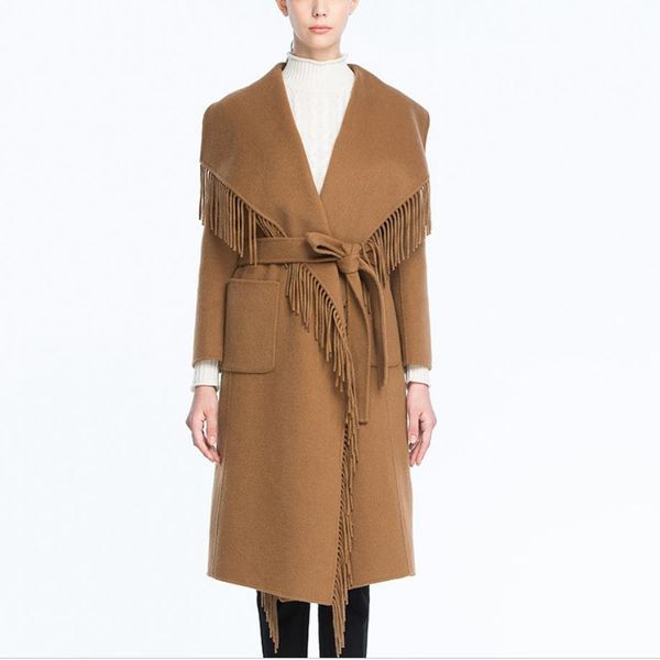 

women woolen coats belt fashion 2019 autumn winter overcoat female bohemian tassel long coat, Black