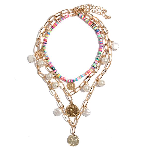 

just feel fashion metal charm chain choker necklace collar women jewelry three layers pearl pendant necklace statement 2019 gift, Silver