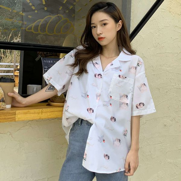 

fashion korean summer pocket shirts women blouses streetwear short sleeve camisas femininas female shirt blusas mujer, White