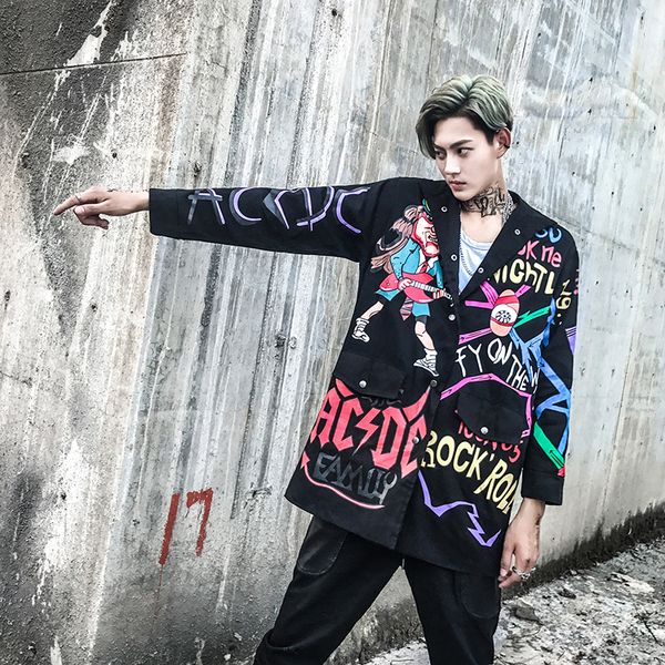 

spring and autumn men's jacket personality graffiti printing youth tide jacket korean style chic tide brand dark clothes, Black;brown