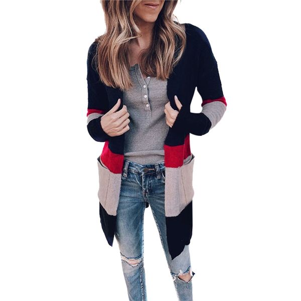 

2019 autumn and winter new stitching contrast color pocket long cardigan sweater ladies jacket fashion keep warm, White