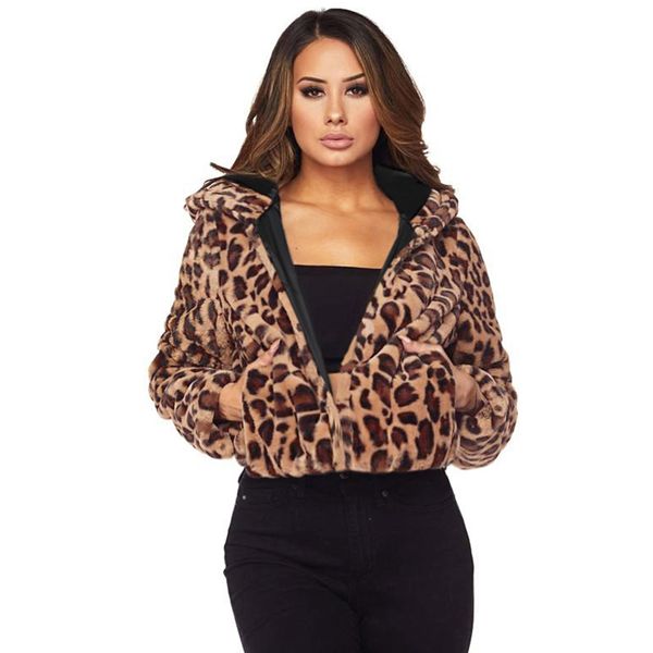 

2018 autumn winter leopard jacket women hooded faux fur coat leopard print long sleeve side pockets casual crop overcoat outwear, Black