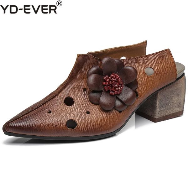 

2020 summer genuine leather sandals flowers pointed toe sandals classic fashion slippers woman shoes high heel, Black