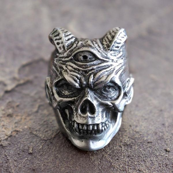 

eyhimd чума дьявола черепа кольца мужские три eyed demon кольцо из нержавеющей стали punk rock biker jewelry, Golden;silver