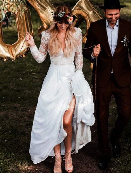 

stunning beach style wedding dress deep v neck illusion lace long sleeves long formal country bridal gowns open back, White